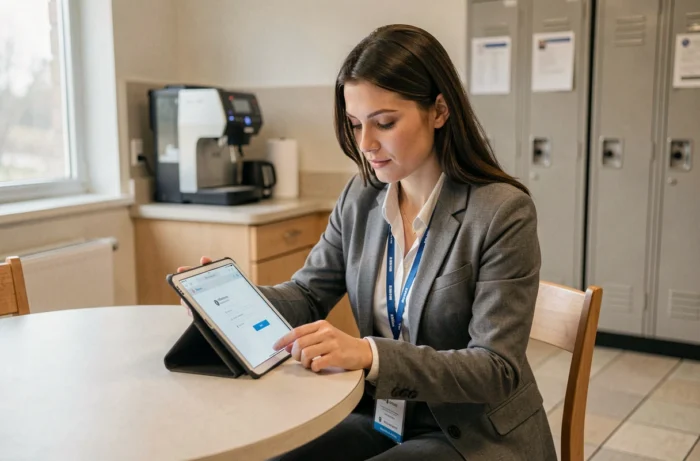 Agente hospitalière du CHU Montpellier se connectant à sa messagerie via tablette dans la salle de pause