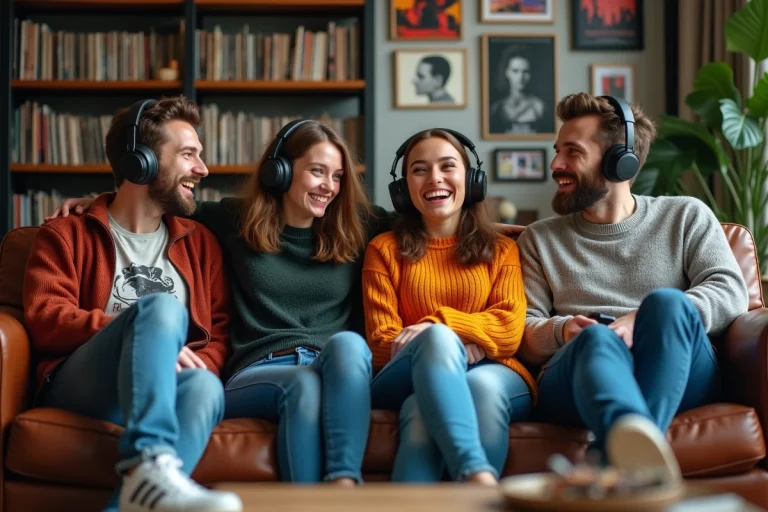 Groupe d amis écoutant de la musique dans un salon vintage
