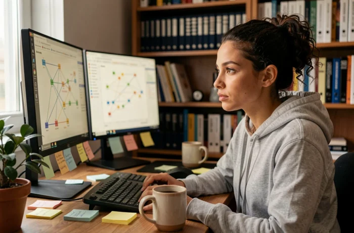 Femme analysant des schémas de réseau Internet sur deux écrans dans un bureau à domicile