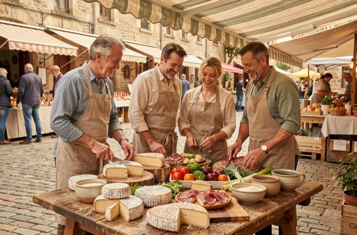 Artisans du goût présentant fromages, charcuterie et légumes anciens sur une table en bois dans un marché de village français