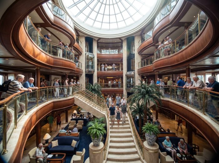 Atrium intérieur majestueux d'un grand bateau de croisière de luxe avec plusieurs ponts et voyageurs se promenant lors d'une croisière tour du monde