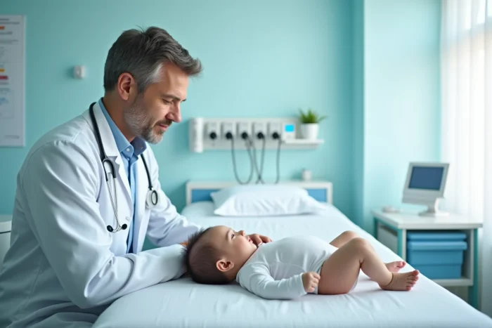 Pédiatre examinant un bébé qui se cambre lors d'une consultation médicale dans un cabinet pédiatrique moderne