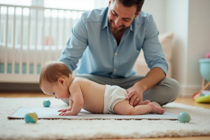 Père accompagnant son bébé qui se cambre sur un tapis d'éveil dans une chambre de bébé décorée en tons pastels