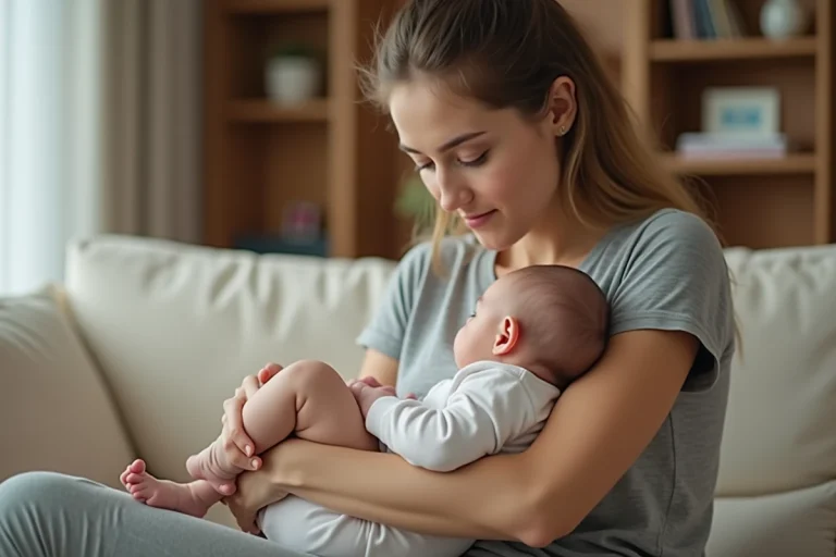 Mère tenant son bébé qui se cambre en arrière dans ses bras, dans un salon chaleureux aux tons neutres