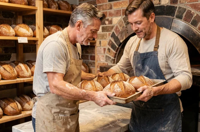 Boulanger artisan sortant des pains au levain dorés d'un four traditionnel dans une boulangerie artisanale moderne