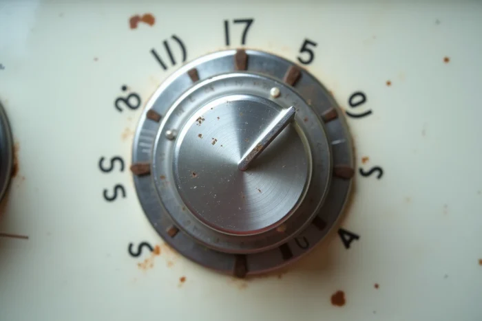 Gros plan sur le cadran d'un thermostat de four indiquant le niveau 5 équivalent à 150 degrés Celsius pour pâtisserie