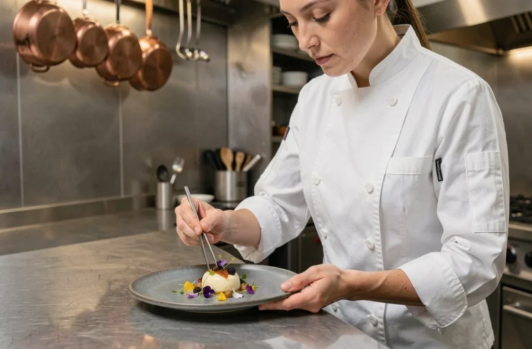Cheffe cuisinière en veste blanche dressant un dessert gastronomique avec précision dans une cuisine professionnelle moderne