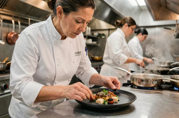 Cheffe cuisinière professionnelle en train de dresser un plat gastronomique raffiné dans une cuisine de restaurant moderne