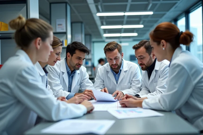 Groupe de chercheurs en laboratoire discutant de données scientifiques