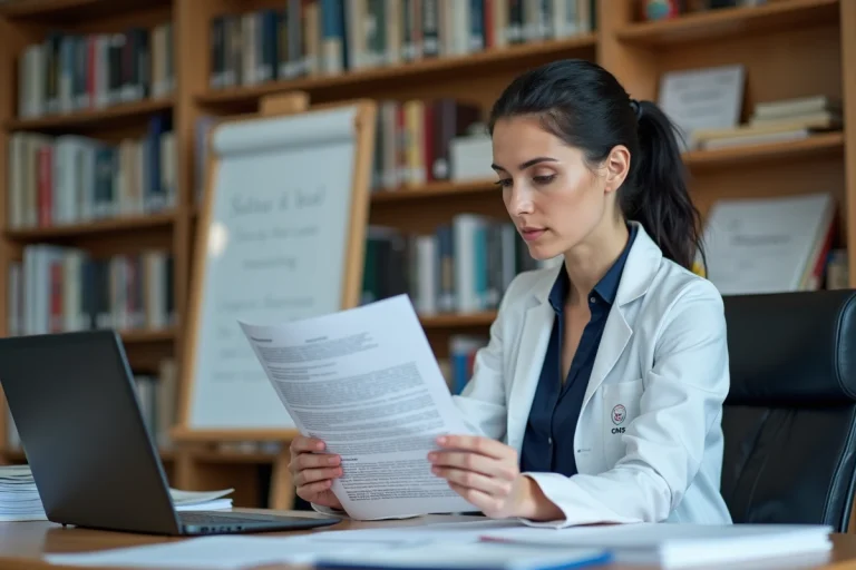 Chercheuse CNRS consultant la grille des salaires dans un bureau universitaire
