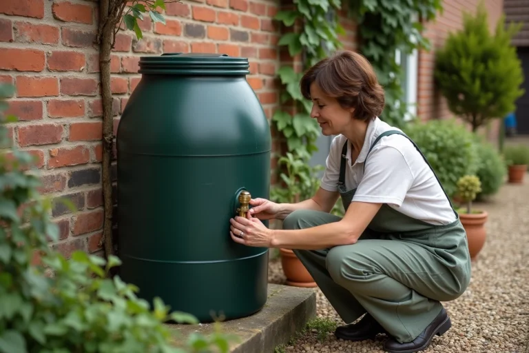 Femme récupérant de l'eau de pluie depuis un collecteur vert dans un jardin résidentiel