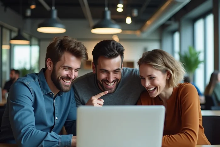 Groupe de collègues qui rient devant un écran d'ordinateur portable découvrant des actualités insolites au bureau