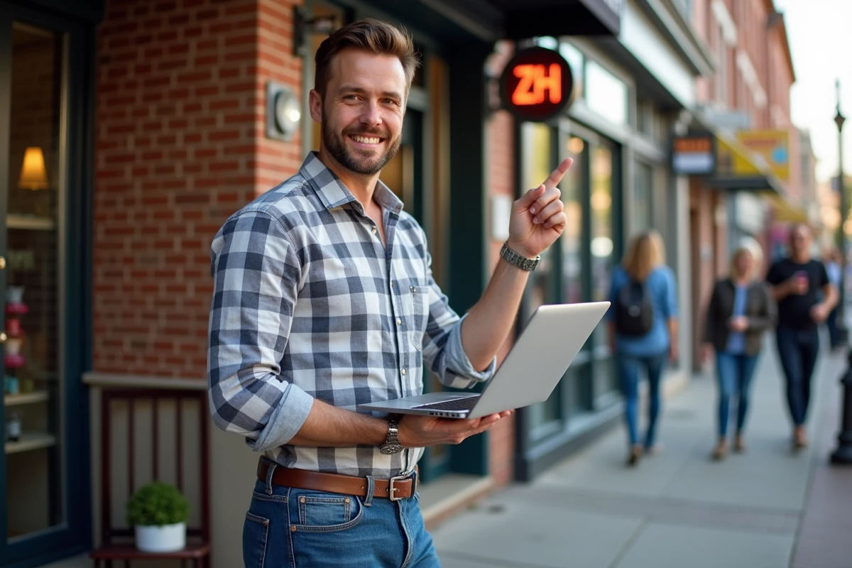 Propriétaire de boutique devant son commerce avec ordinateur
