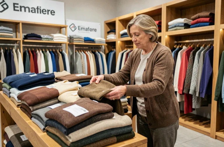 Femme d'une cinquantaine d'années comparant des vêtements thermiques dans un magasin textile concurrent de Damart