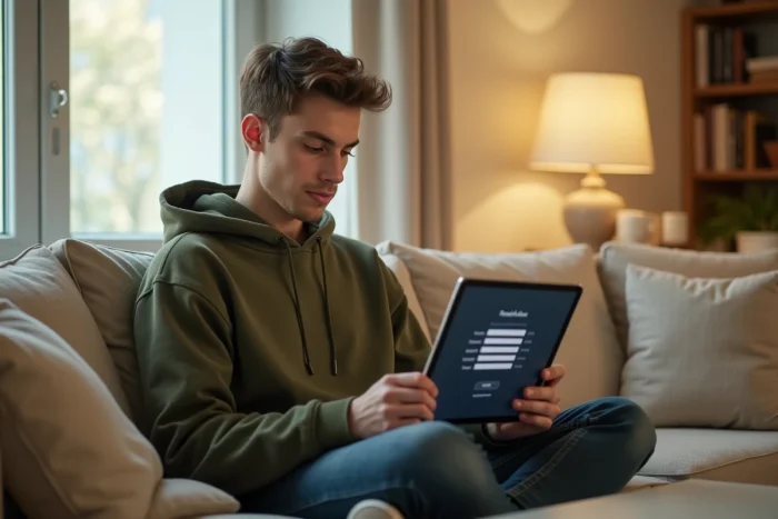Jeune adulte se connectant à l'espace Métis Afpa depuis une tablette dans un salon confortable