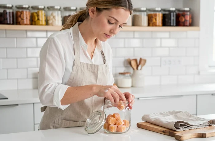 Femme conservant des loukoums faits maison dans un bocal en verre hermétique dans une cuisine moderne lumineuse avec étagères ouvertes