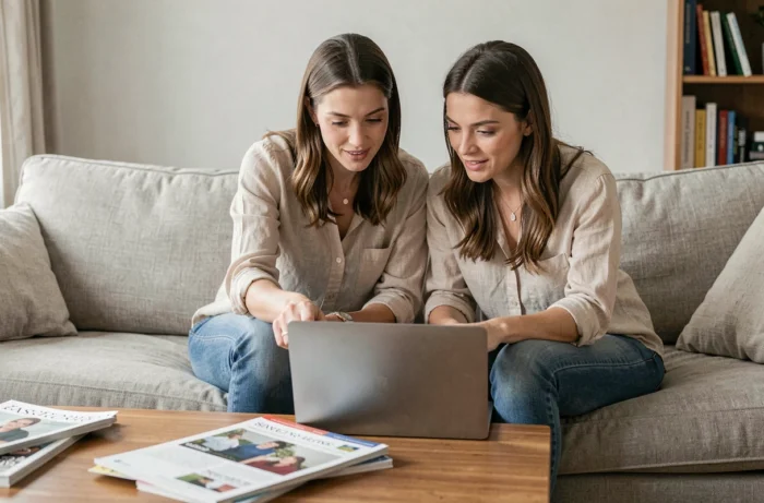 Deux femmes consultant ensemble un annuaire en ligne pour enfants sur un canapé