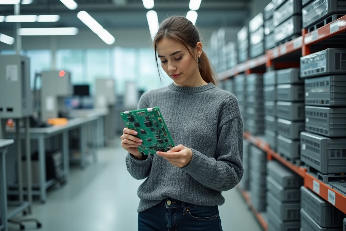 Jeune femme ingenieur inspecte un circuit dans un laboratoire