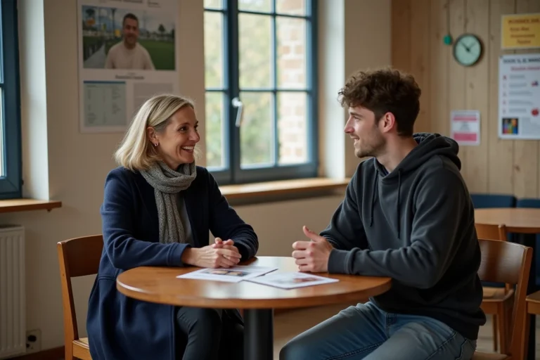 Femme et jeune homme discutent dans un centre communautaire breton