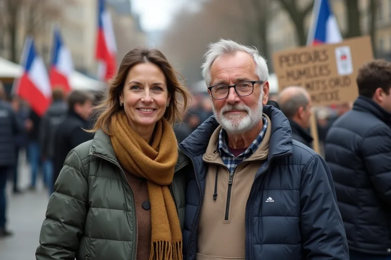 Couple français debout dans une place publique avec drapeaux et banderoles