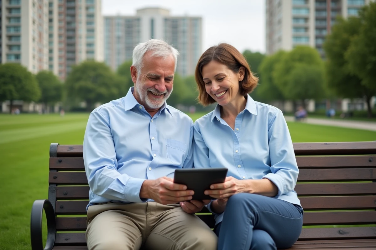 Couple discutant de documents immobiliers sur un banc dans un parc