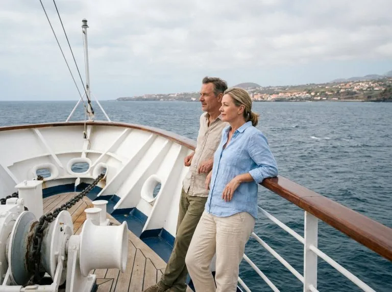 Couple de voyageurs sur le pont d'un bateau de croisière contemplant une côte méditerranéenne lors d'un tour du monde en mer