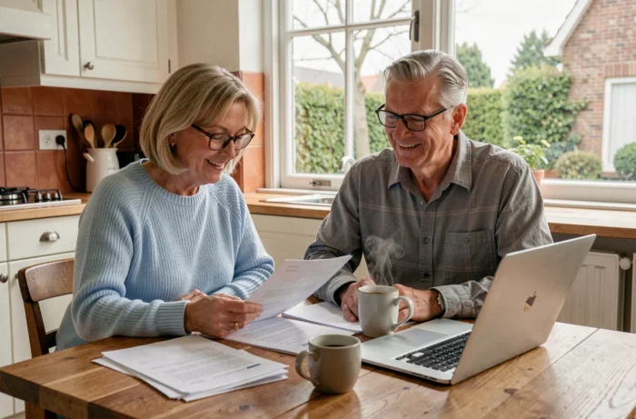 Couple belge de retraités qui examinent leurs documents de pension ensemble dans une cuisine chaleureuse