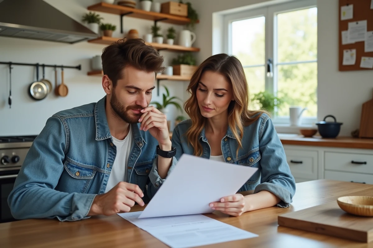 Jeune couple discutant de documents de maison à la cuisine