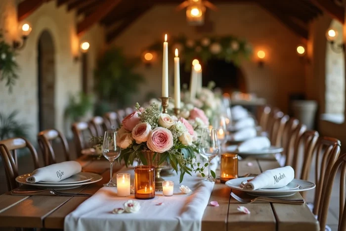 Table de réception de mariage décorée de pivoines et de bougies dans une grange en pierre du Périgord