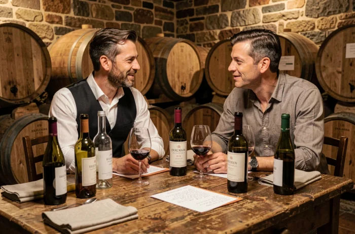 Sommelier et journaliste gastronomique dégustant des vins dans une cave à vin rustique avec des barriques en bois