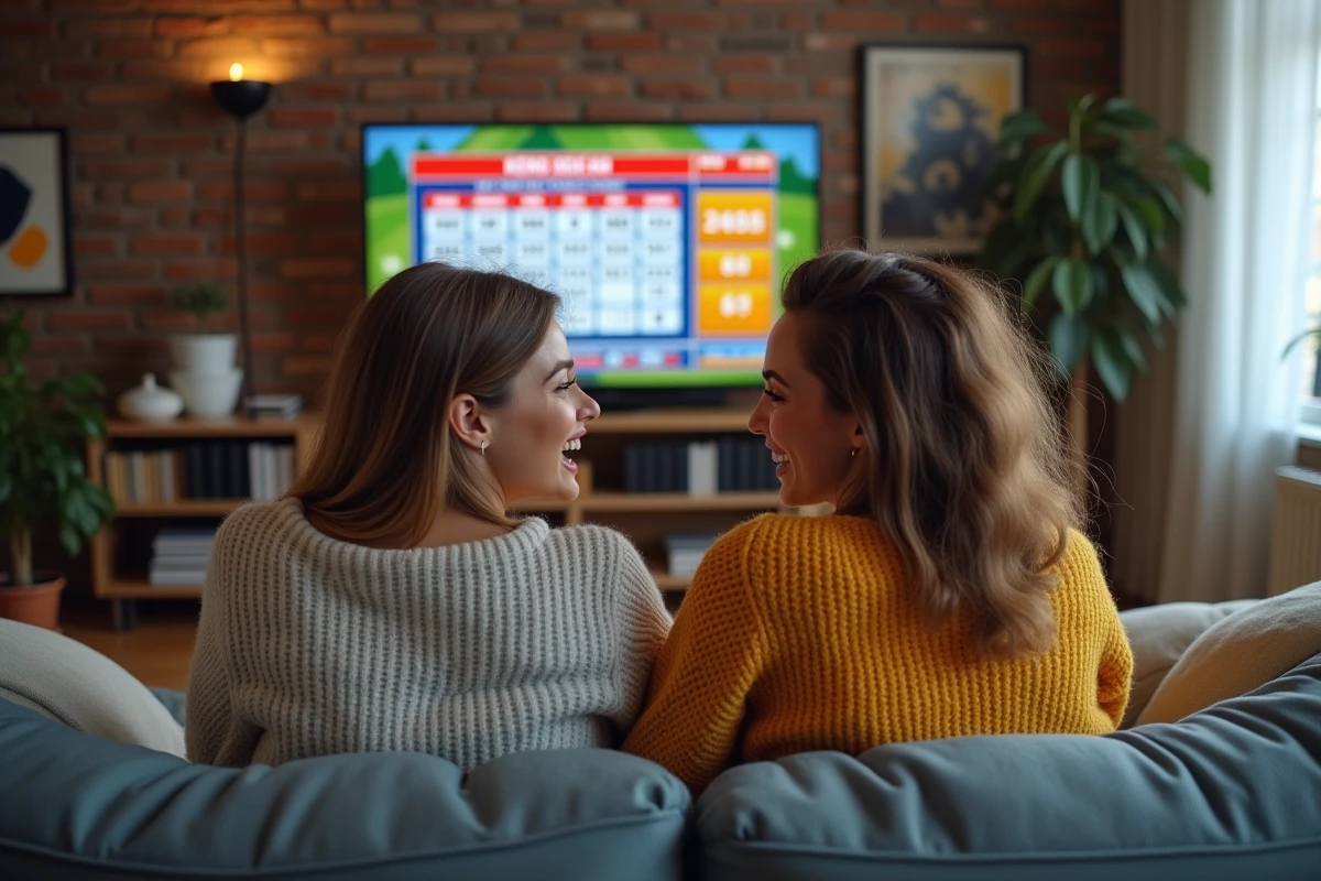 Deux jeunes femmes regardant la télé avec résultats Keno
