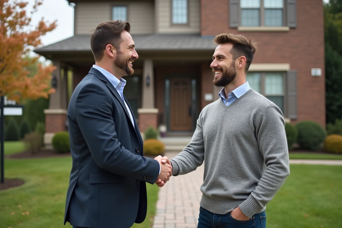 Deux hommes se serrant la main devant une maison à vendre