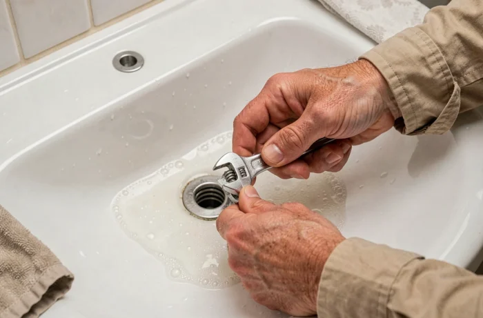 Mains serrant une clé pour dévisser la bonde d'un lavabo en céramique blanche