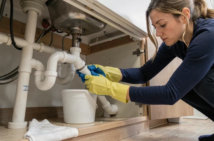 Femme dévissant un siphon de lavabo sous un meuble vasque avec des gants ménagers