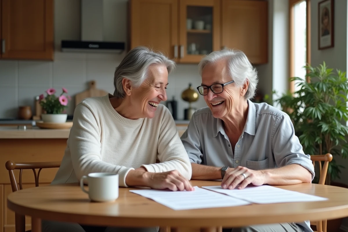 Couple discutant et pointant un contrat dans la cuisine
