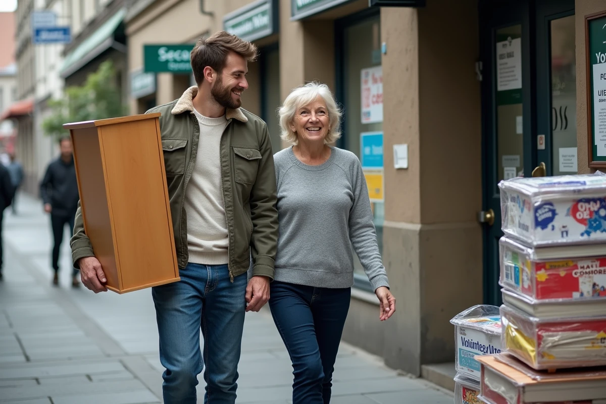 Couple déposé des dons devant le centre de secours populaire