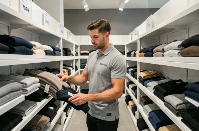 Employé d'un magasin concurrent organisant des pulls thermiques sur des étagères modernes dans une enseigne textile européenne