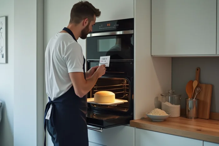 Jeune homme enfournant un gâteau dans un four réglé à thermostat 5 soit 150 degrés avec une fiche de conversion visible