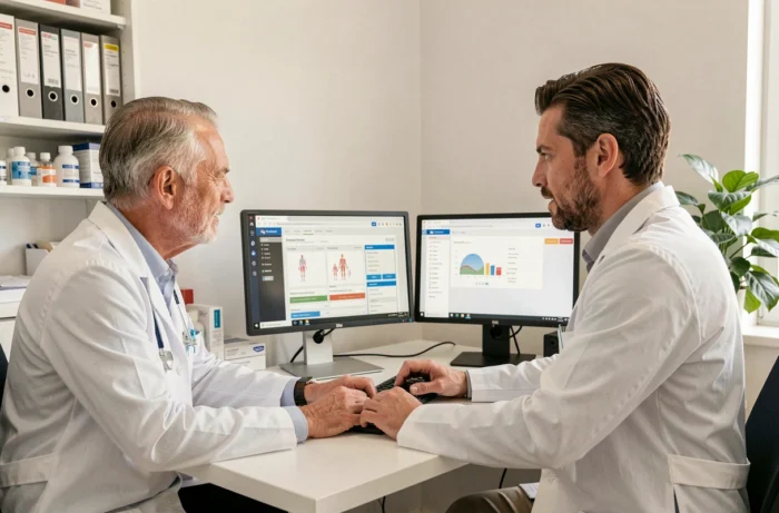 Médecin et pharmacien collaborant autour d'un logiciel de gestion de santé numérique au bureau
