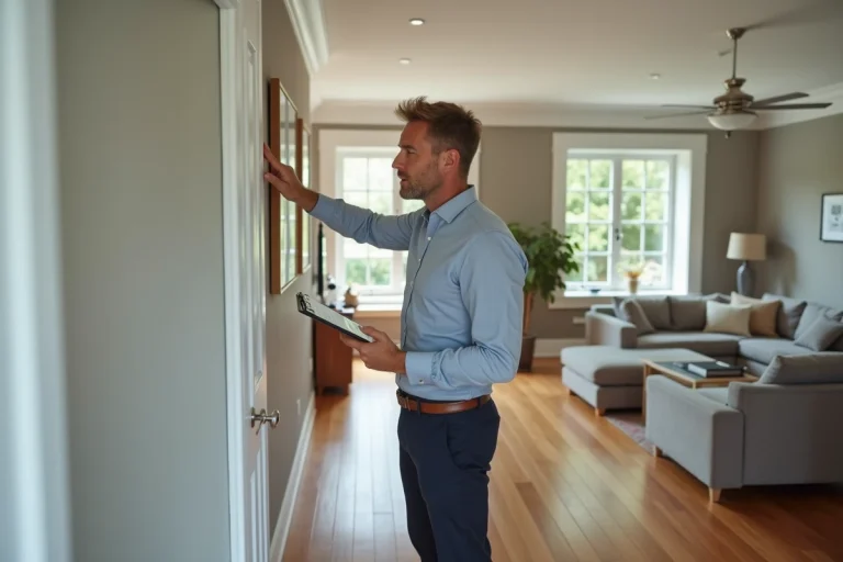 Expert immobilier inspectant un mur de salon moderne