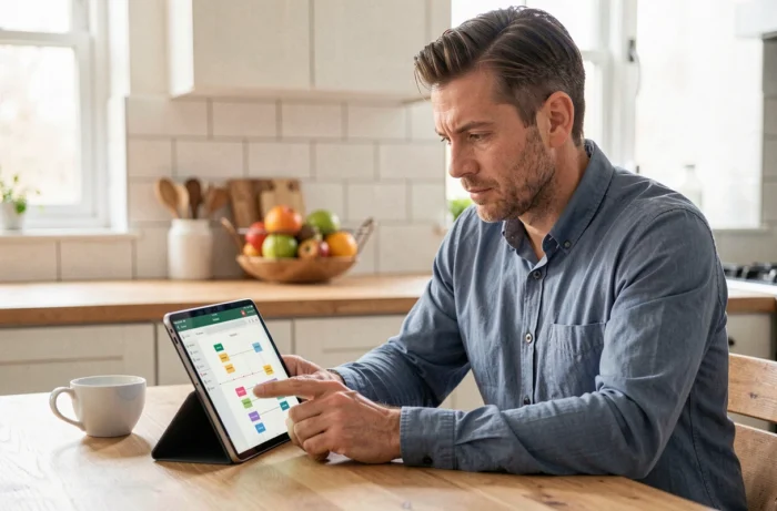 Homme explorant le plan de navigation d'un site annuaire sur une tablette dans une cuisine moderne