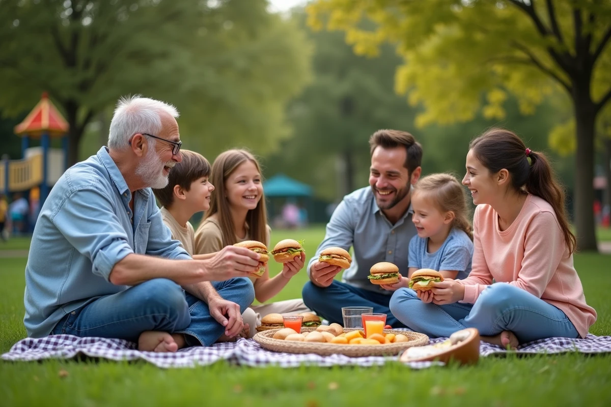 Famille multigeneration partageant un pique-nique dans un parc urbain
