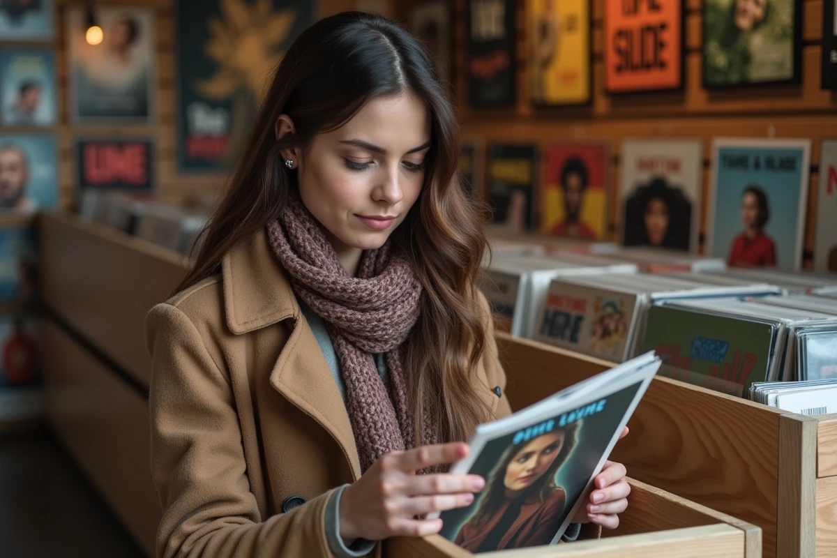 Jeune femme cherchant des vinyles dans une boutique urbaine