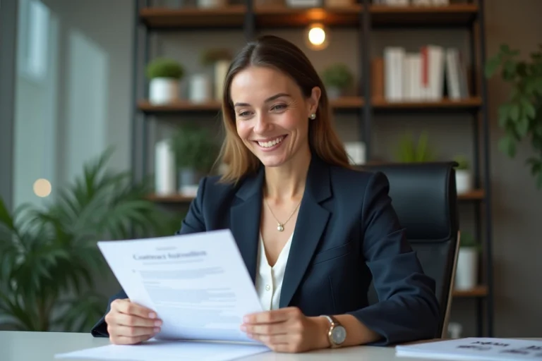 Femme d'affaires souriante en costume vérifiant un contrat