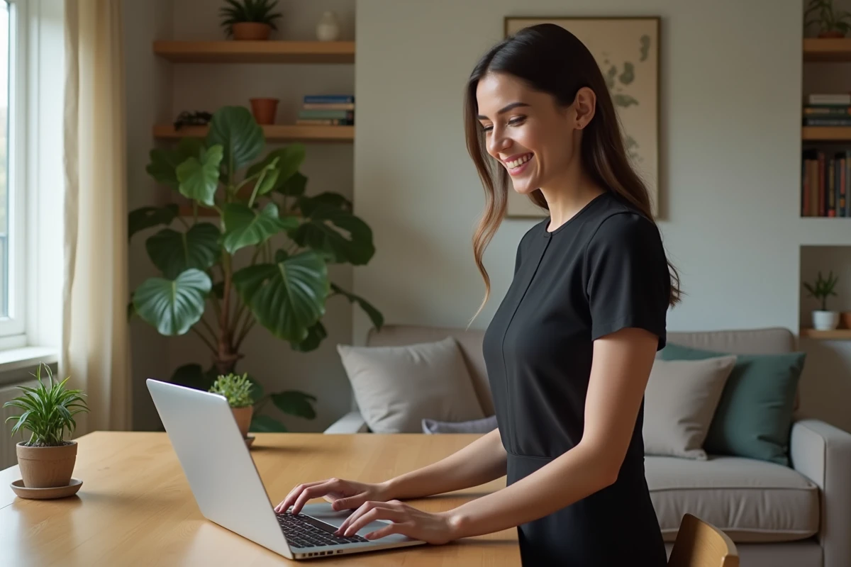 Femme souriante discutant avec son partenaire à la maison