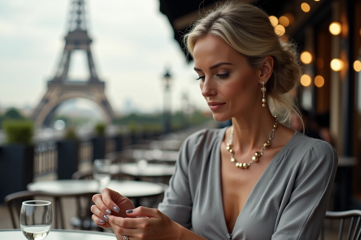 Femme pensant avec alliance au café parisien