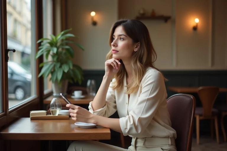 Femme assise dans un café parisien en blouse claire