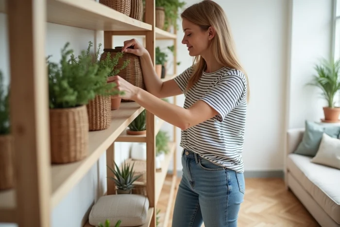 Femme décorant des étagères en bois avec des plantes d'intérieur, paniers tressés et vases céramiques dans un salon scandinave