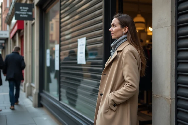 Femme contemplant une affiche de fermeture devant un magasin