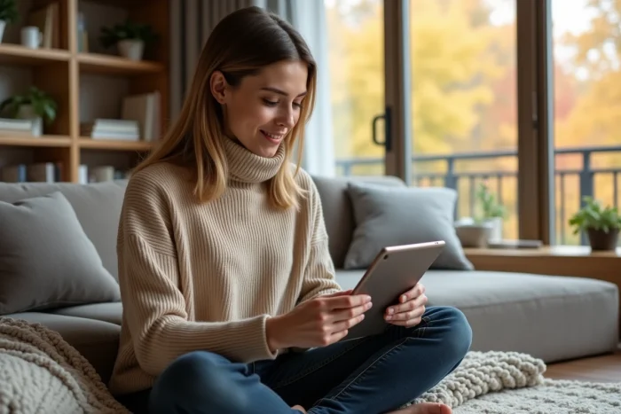 Jeune femme chez elle consultant les dernières tendances et informations sur une tablette numérique